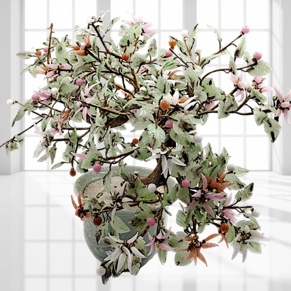 Bonsai Jade Tree Semi-Cascade Style with Pink, White, Salmon Glass